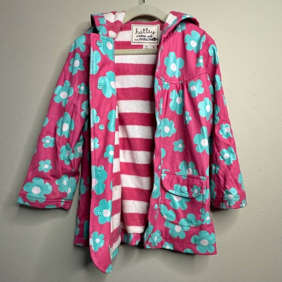 HATLEY Pink Floral Raincoat Girls 5 5T Hood Striped Terry Lined Rain Jacket Girl - Picture 3 of 9